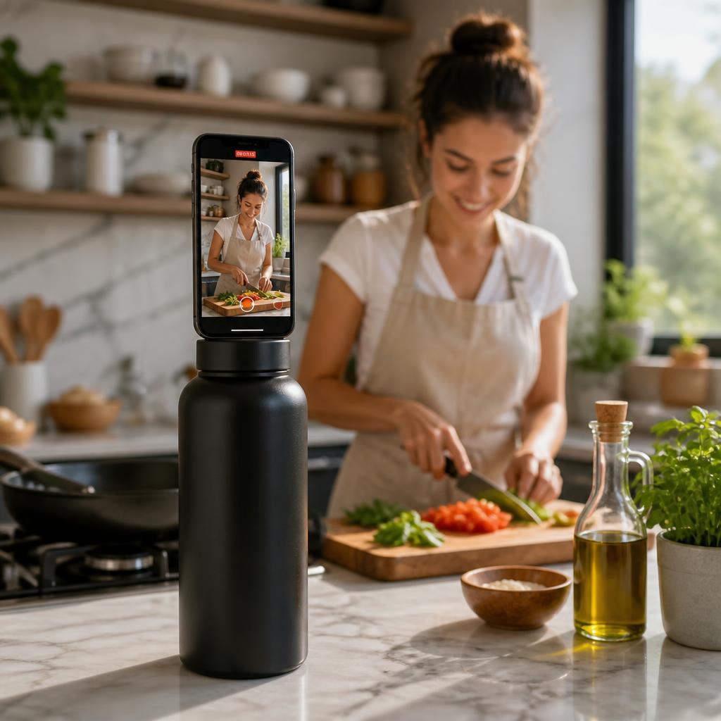 Phone mounted on TempHold bottle in the kitchen