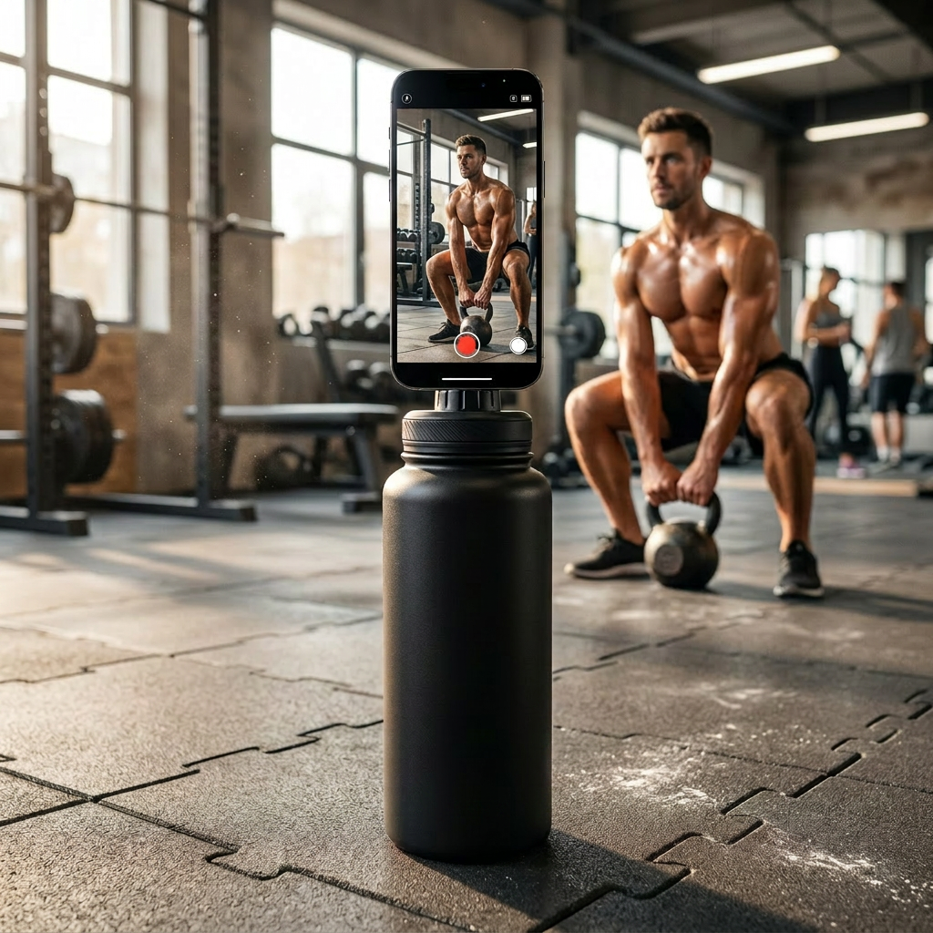Phone mounted on TempHold bottle at the gym