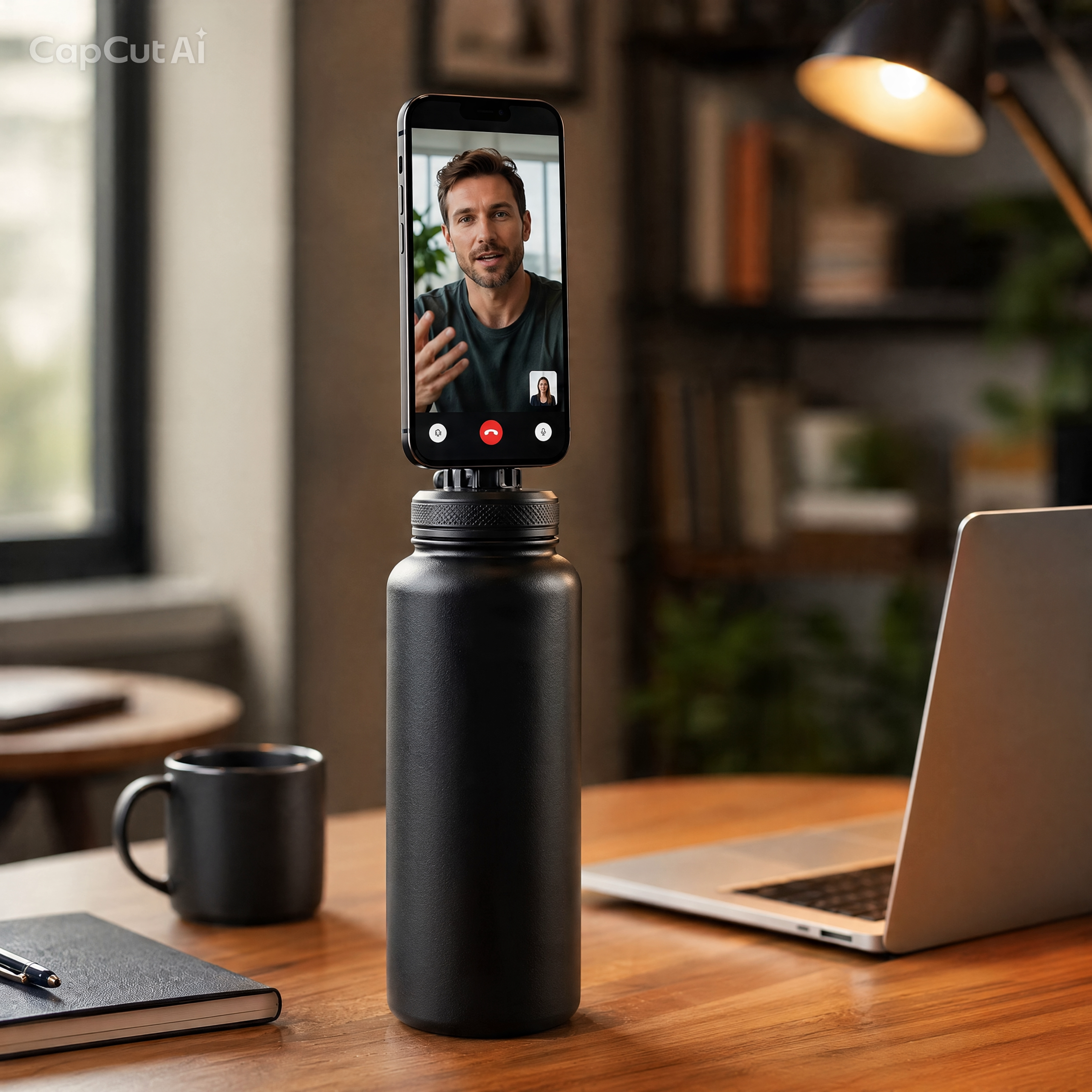 Phone mounted on TempHold bottle at a desk